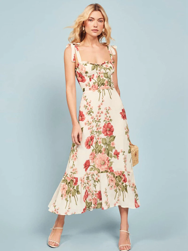 Silk Linen Women's White Floral Print Tie Shoulder Midi Dress Ruffle Hem Flared Summer Sundress Casual Sweet Chic High Quality
Silk Linen Women's White Floral Print Tie Shoulder Midi Dress Ruffle Hem Flared Summer Sundress Casual Sweet Chic High Quality