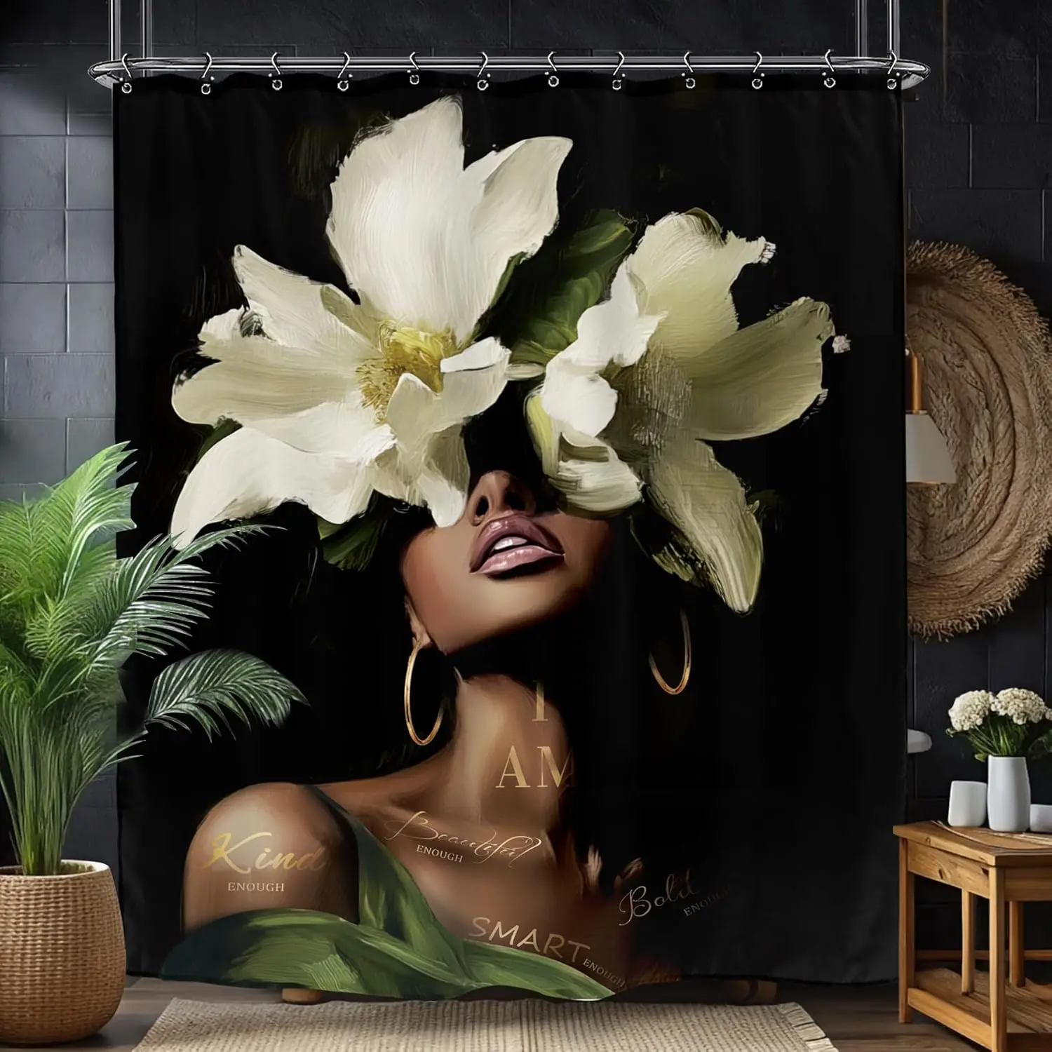 Black Background With Large White Flowers And Inspirational Quotes Woman Portrait Art Decorative Shower Curtain
Black Background With Large White Flowers And Inspirational Quotes Woman Portrait Art Decorative Shower Curtain