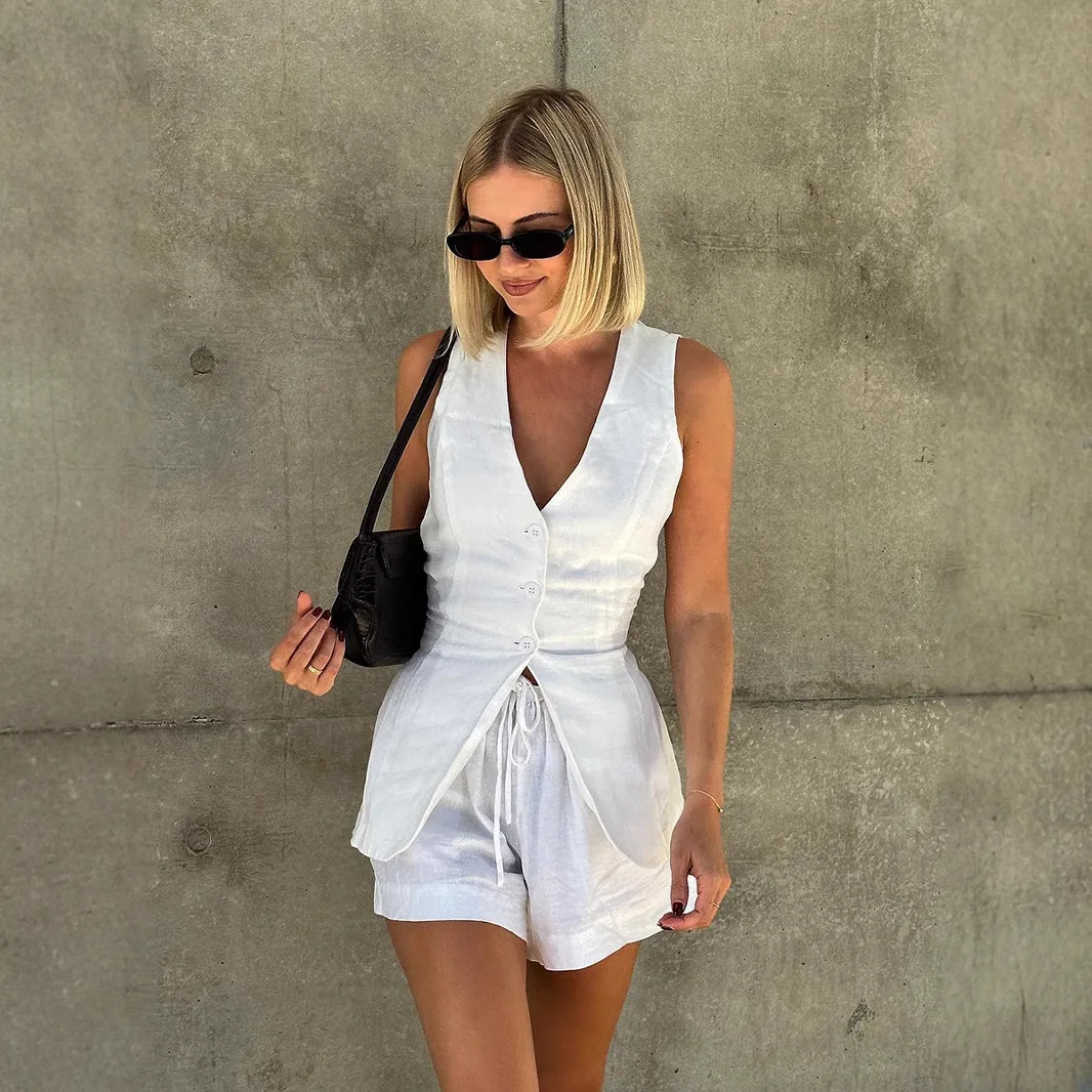 Women's Summer Pyjama Suit Sleeveless Solid Cotton Linen Ladies Sleepwear with Shorts Single Breasted Sexy Outfit for Female
Women's Summer Pyjama Suit Sleeveless Solid Cotton Linen Ladies Sleepwear with Shorts Single Breasted Sexy Outfit for Female