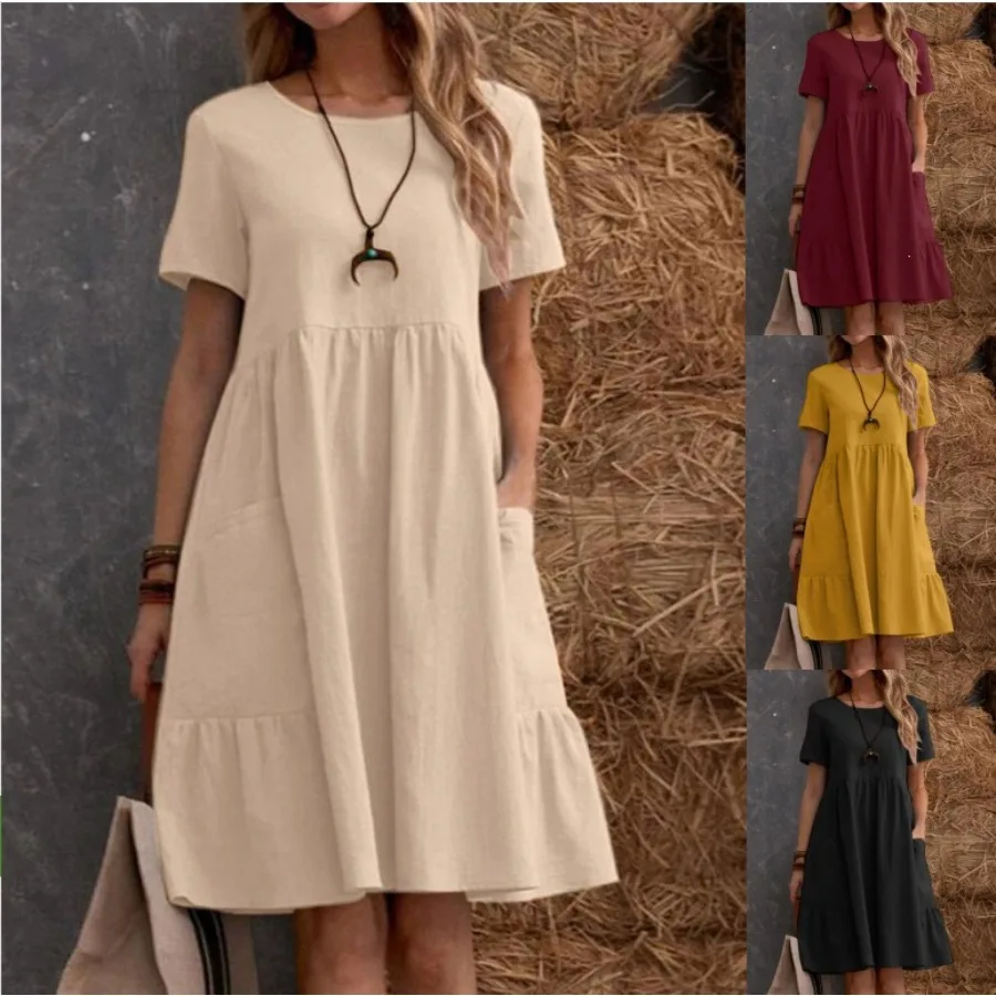 【New style】Summer independence retro loose pockets solid color round collar women's cotton and linen dress
【New style】Summer independence retro loose pockets solid color round collar women's cotton and linen dress