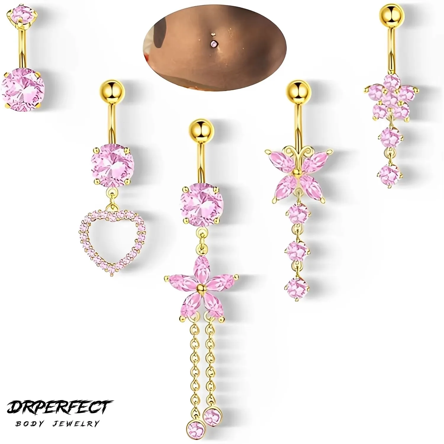 Drperfect 5pcs Belly Button Rings for Women Surgical Stainless Steel with Cute Pink CZ Flower Dangle Navel Piercing Jewelry
Drperfect 5pcs Belly Button Rings for Women Surgical Stainless Steel with Cute Pink CZ Flower Dangle Navel Piercing Jewelry