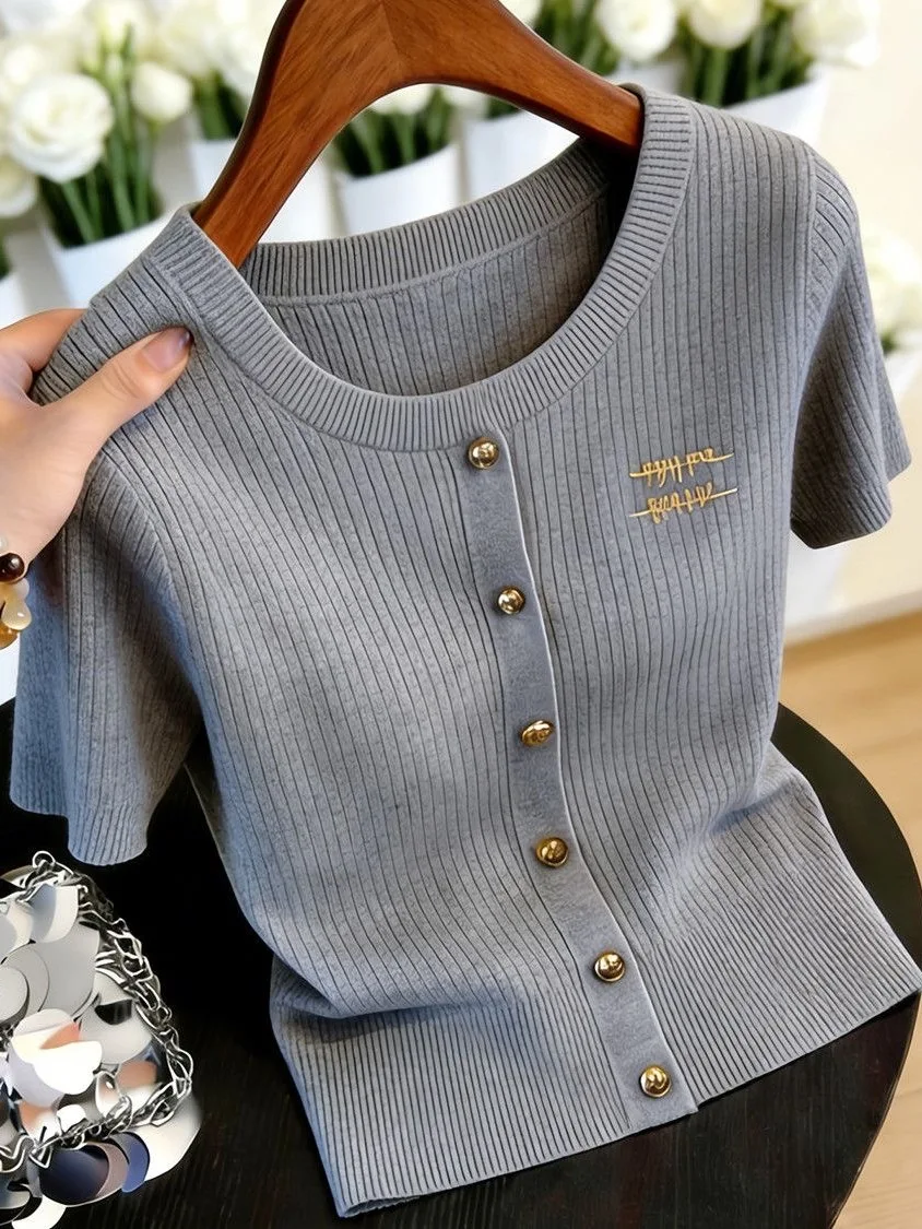 Ice Silk Short Sleeve T-Shirt Women's Summer Elegant Ageless round Neck Slimming Top Luxury Knitted Breathable Lightweight
Ice Silk Short Sleeve T-Shirt Women's Summer Elegant Ageless round Neck Slimming Top Luxury Knitted Breathable Lightweight