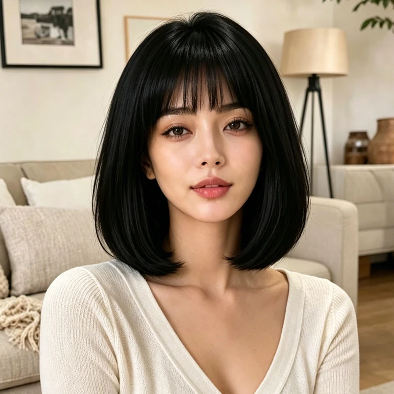 12 Inch Natural Black Sleek Bob Wig With Air Bangs Women Synthetic Short Daily Hair Wig
12 Inch Natural Black Sleek Bob Wig With Air Bangs Women Synthetic Short Daily Hair Wig