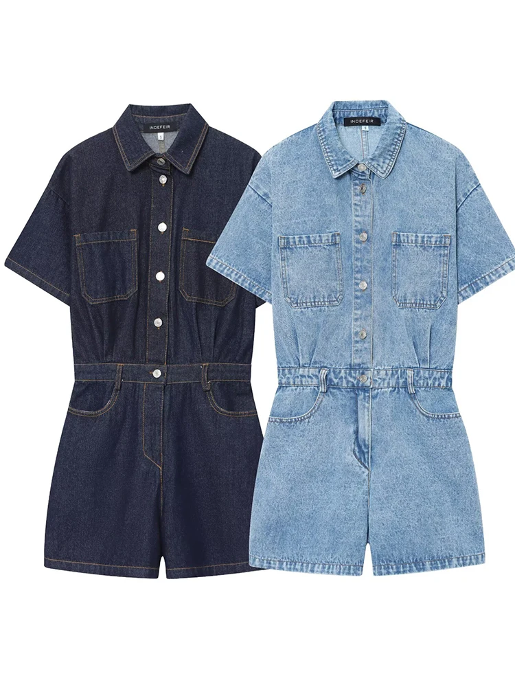 European style new women's fashion versatile temperament solid color lapel short sleeve denim short jumpsuit
European style new women's fashion versatile temperament solid color lapel short sleeve denim short jumpsuit