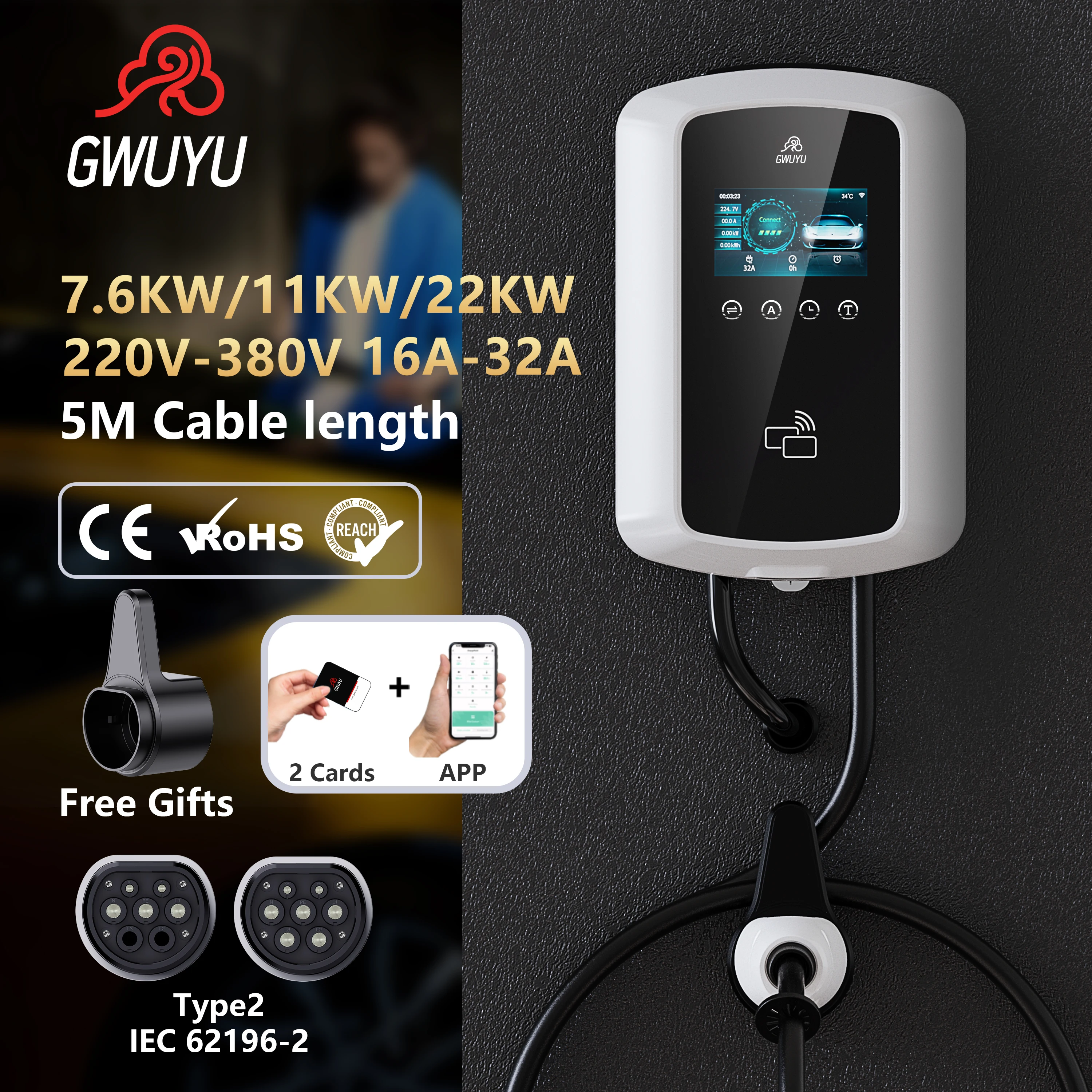Настенная зарядная станция GWUYU JZ22 для электромобилей, тип 2, кабель 7, 6 кВт, 11 кВт, 22 кВт, 16 А, 32 А, 3-фазное зарядное устройство для электромобилей
Настенная зарядная станция GWUYU JZ22 для электромобилей, тип 2, кабель 7, 6 кВт, 11 кВт, 22 кВт, 16 А, 32 А, 3-фазное зарядное устройство для электромобилей