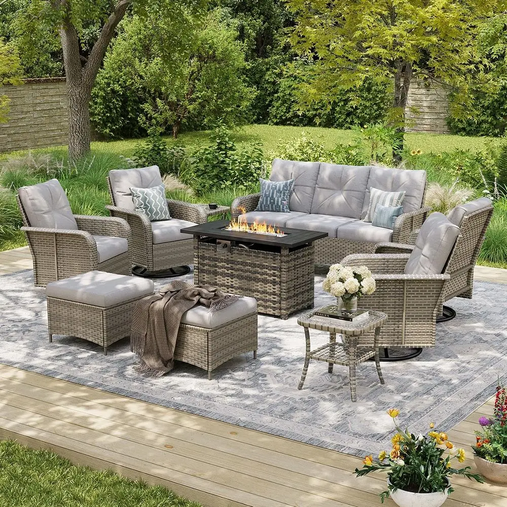 12-Piece Outdoor Patio Furniture Set with 44'' Fire Pit Table and Swivel Chairs, Ideal for Backyard, Poolside, and Garden, Beige
12-Piece Outdoor Patio Furniture Set with 44'' Fire Pit Table and Swivel Chairs, Ideal for Backyard, Poolside, and Garden, Beige