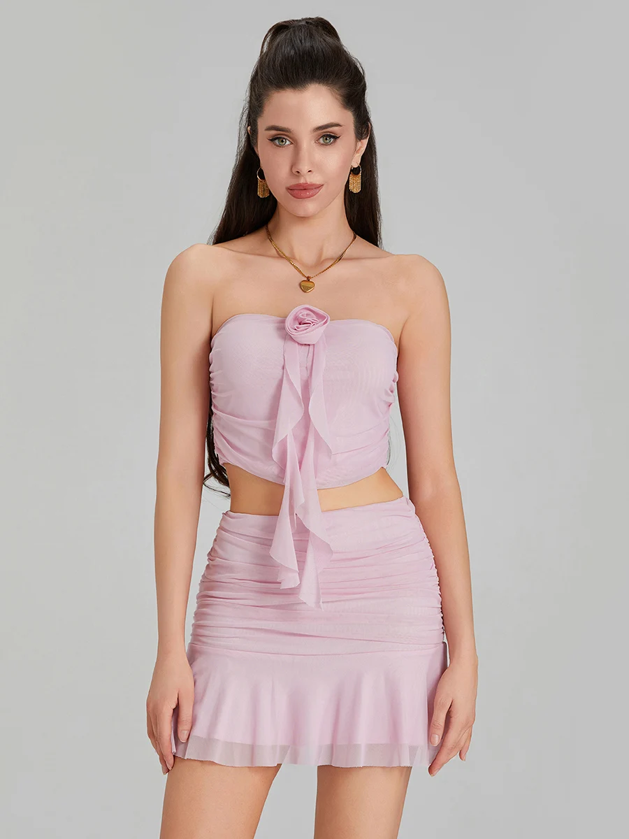 Women's 2 Piece Skirt Outfits Y2k Retro 3D Flower Sleeveless Off Shoulder Mesh Bandeau Pink Ruched Mini Skirt Set Streetwear
Women's 2 Piece Skirt Outfits Y2k Retro 3D Flower Sleeveless Off Shoulder Mesh Bandeau Pink Ruched Mini Skirt Set Streetwear