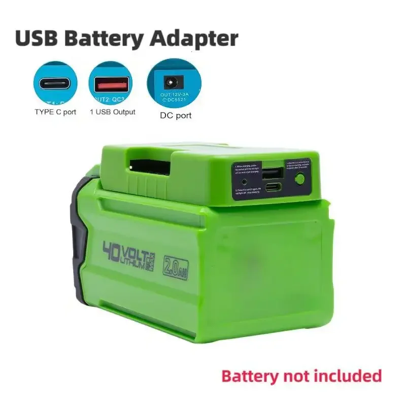18W Wireless portable USB Battery Adapter Converter for Greenworks 40v Lithium Converter W/USB C-type DC port(No Battery )
18W Wireless portable USB Battery Adapter Converter for Greenworks 40v Lithium Converter W/USB C-type DC port(No Battery )