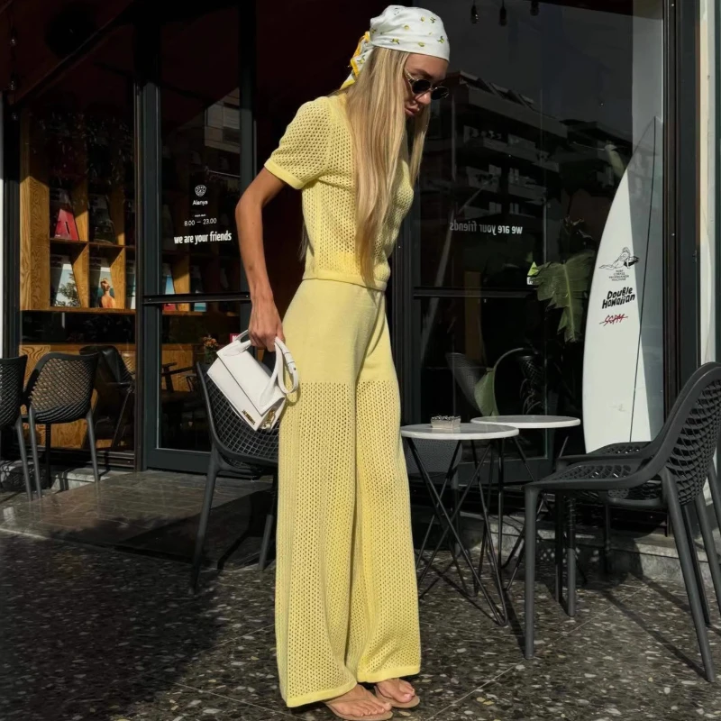 Tsiisd Women's Yellow Hollow Out Knit 2 Piece Outfits Slim Top Wide Leg Pants Commute Casual Streetwear Fashion Female Sets New
Tsiisd Women's Yellow Hollow Out Knit 2 Piece Outfits Slim Top Wide Leg Pants Commute Casual Streetwear Fashion Female Sets New