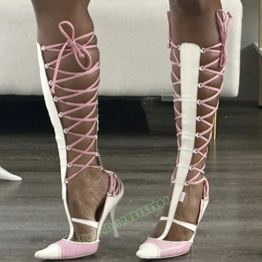 Mixed Colors Cross Tied Sandals Pointy Toe Knee High Lace Up Sandals Stiletto Heels Straps Summer Women Designer Party Shoes New
Mixed Colors Cross Tied Sandals Pointy Toe Knee High Lace Up Sandals Stiletto Heels Straps Summer Women Designer Party Shoes New