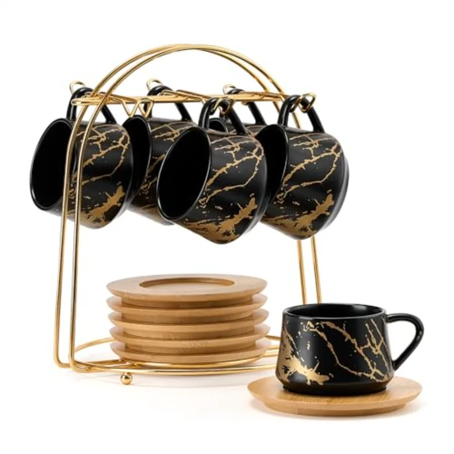 Ceramic Espresso Cups with Saucers and Metal Stand, Small Porcelain Demitasse Cups Set of 6, Cute Cappuccino Coffee Cups for Do
Ceramic Espresso Cups with Saucers and Metal Stand, Small Porcelain Demitasse Cups Set of 6, Cute Cappuccino Coffee Cups for Do