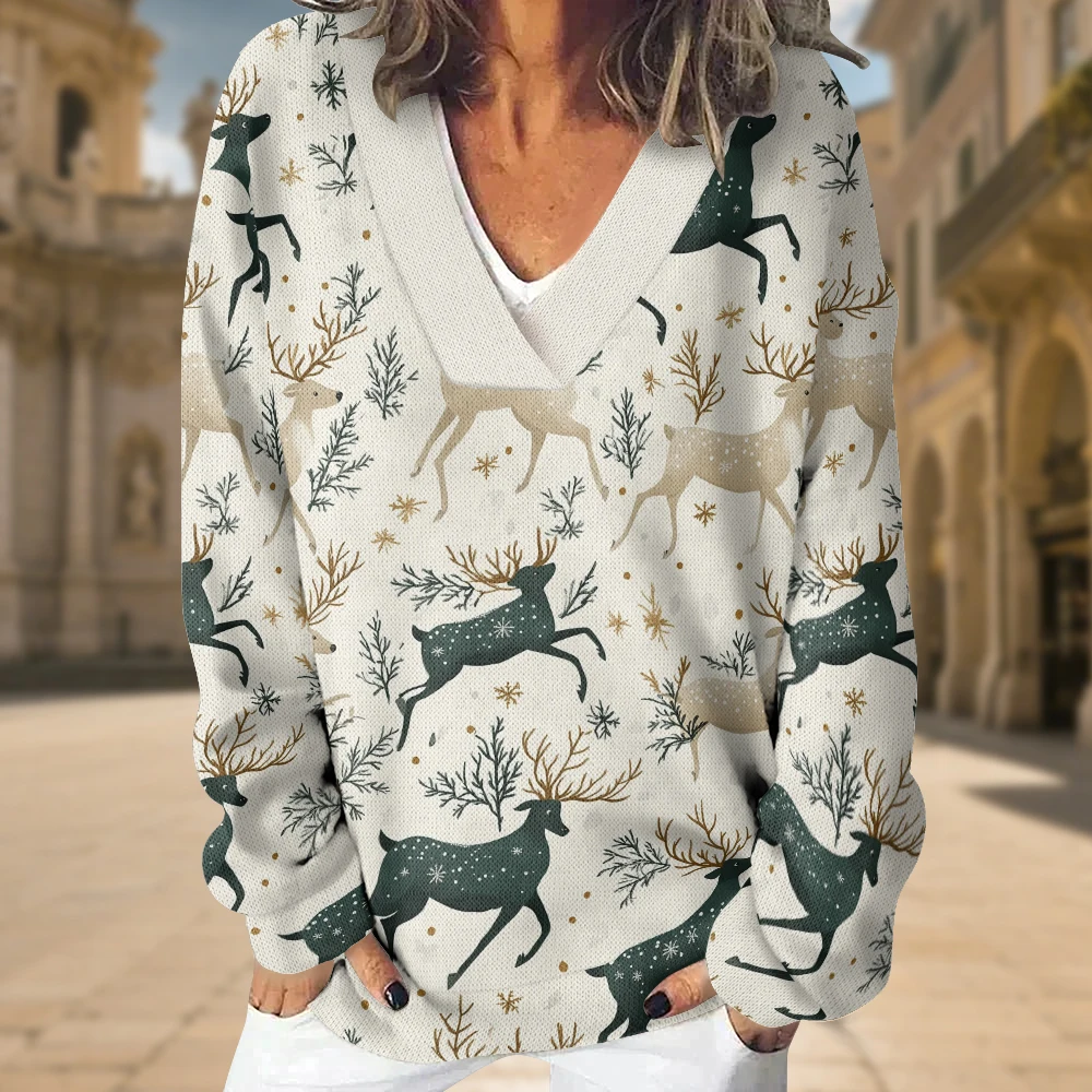 Women's V-Neck Christmas Sweatshirt Cozy Cream Pullover with Reindeer Golden Snowflakes & Holly Prints Festive Holiday Party Top
Women's V-Neck Christmas Sweatshirt Cozy Cream Pullover with Reindeer Golden Snowflakes & Holly Prints Festive Holiday Party Top