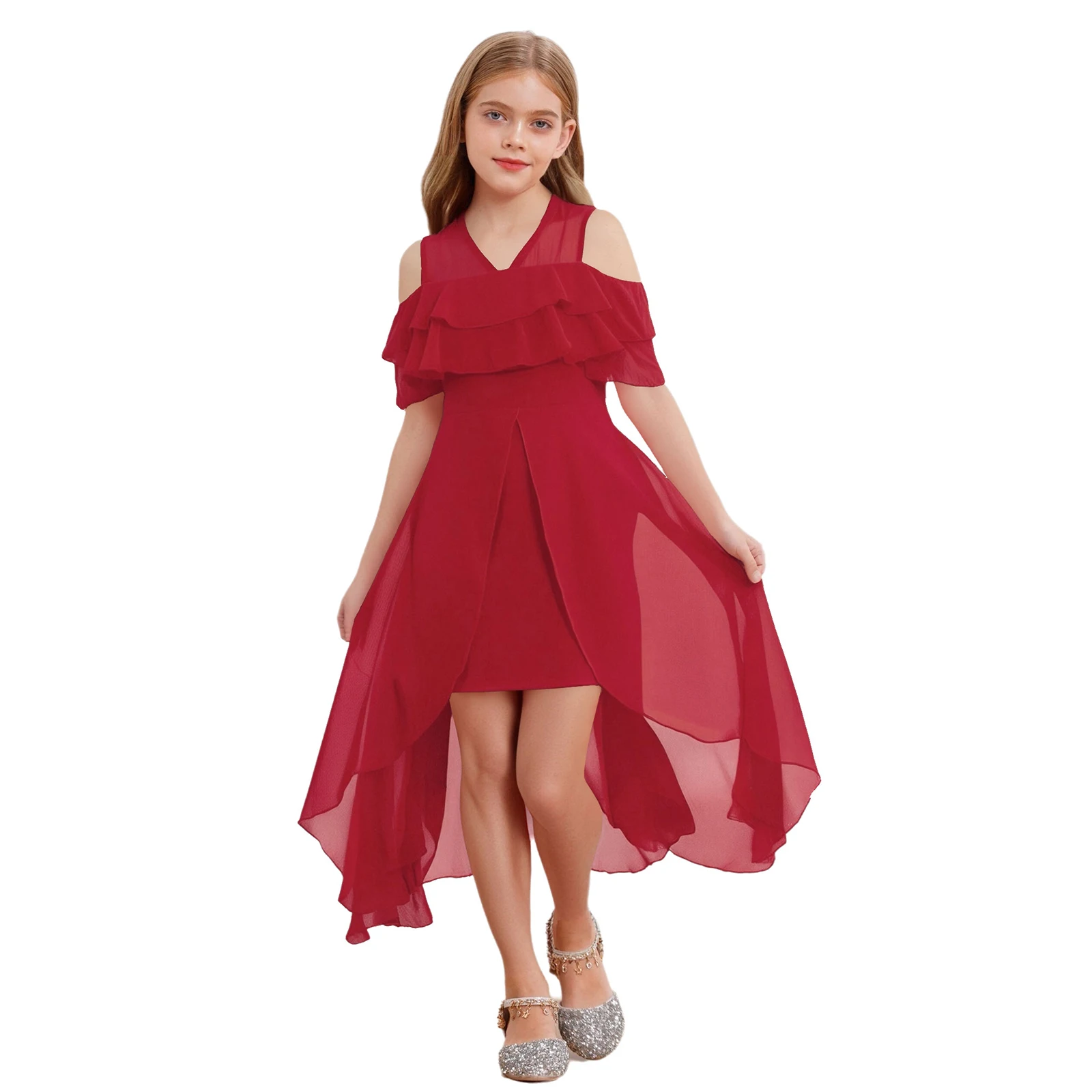 Kids Girls Party Dress V-Neck Ruffled Sleeves Chiffon Dress Solid Color High-Low Dresses Elegant Wedding Birthday Party Gowns
Kids Girls Party Dress V-Neck Ruffled Sleeves Chiffon Dress Solid Color High-Low Dresses Elegant Wedding Birthday Party Gowns
