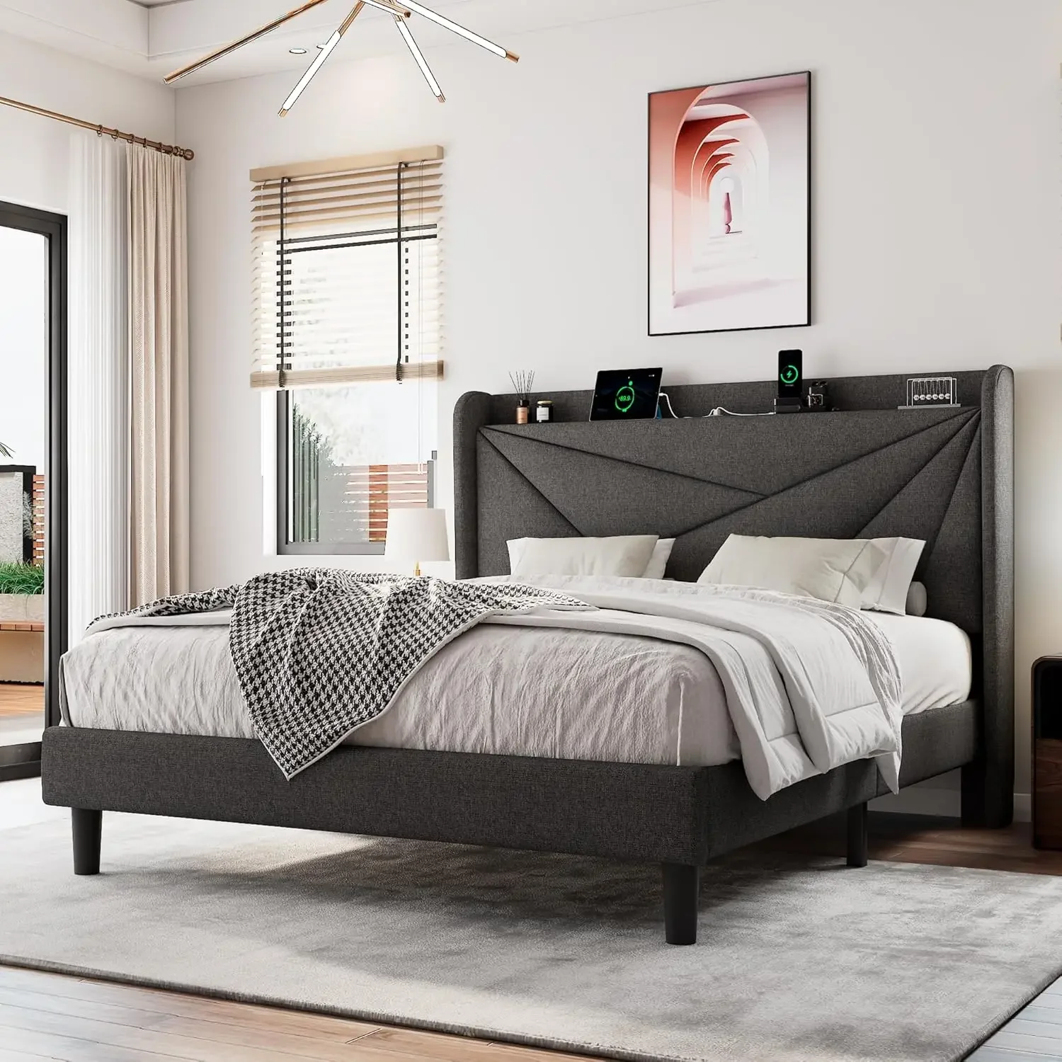 Queen Bed Frame with Headboard, Upholstered Platform Bed Frame with Charging Station and Storage Headboard
Queen Bed Frame with Headboard, Upholstered Platform Bed Frame with Charging Station and Storage Headboard