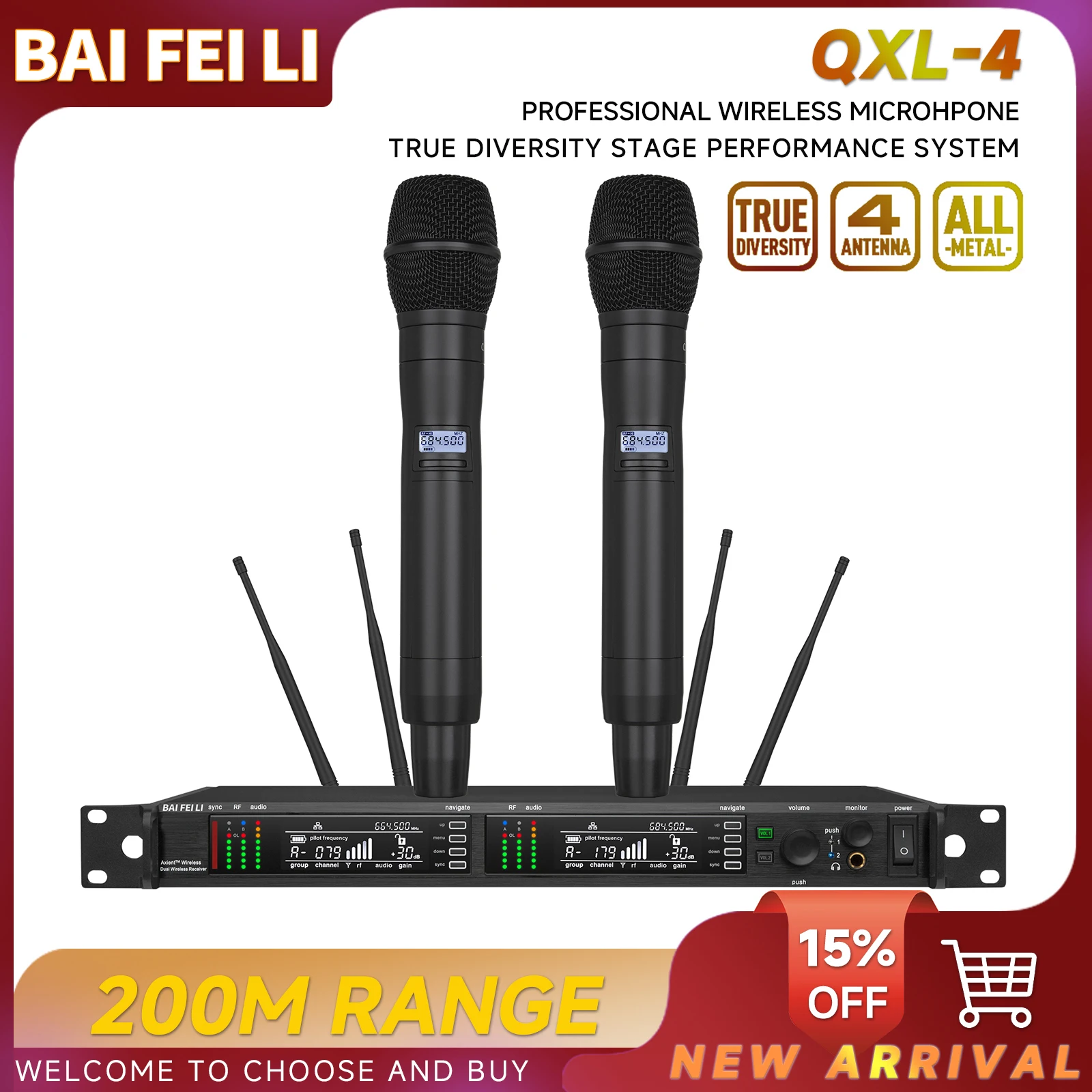BAIFEILI QXL-4 Audio UHF Wireless Microphone System True Diversity 200m Range For Stage Performance, Church, Speech, Singing
BAIFEILI QXL-4 Audio UHF Wireless Microphone System True Diversity 200m Range For Stage Performance, Church, Speech, Singing