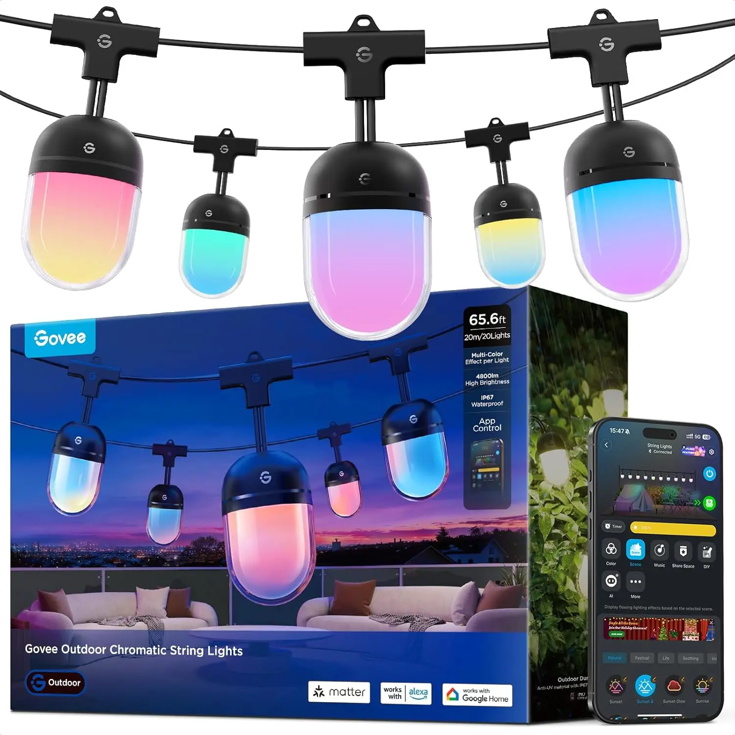 Outdoor Chromatic String Lights, 65.6ft RGBIC Outdoor Lights, 55 RGB LEDs per Bulb, Uni-IC Control, 111+ Scenes, IP67 Wate
Outdoor Chromatic String Lights, 65.6ft RGBIC Outdoor Lights, 55 RGB LEDs per Bulb, Uni-IC Control, 111+ Scenes, IP67 Wate
