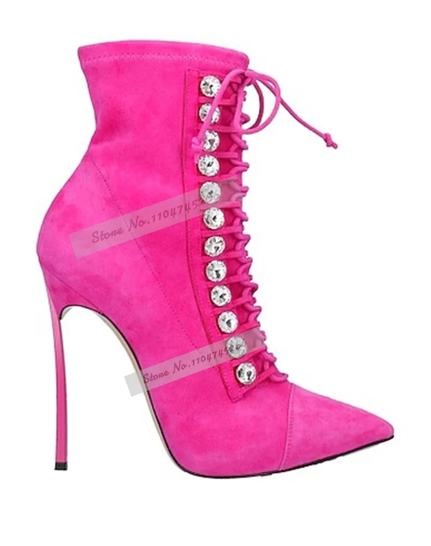 Big Sliver Bling Bling Crystal Ankle Boots Bright Pink Red Suede Blade Heel Booties Cross Strappy Lace-Up Pointy Toe Dress Shoes
Big Sliver Bling Bling Crystal Ankle Boots Bright Pink Red Suede Blade Heel Booties Cross Strappy Lace-Up Pointy Toe Dress Shoes