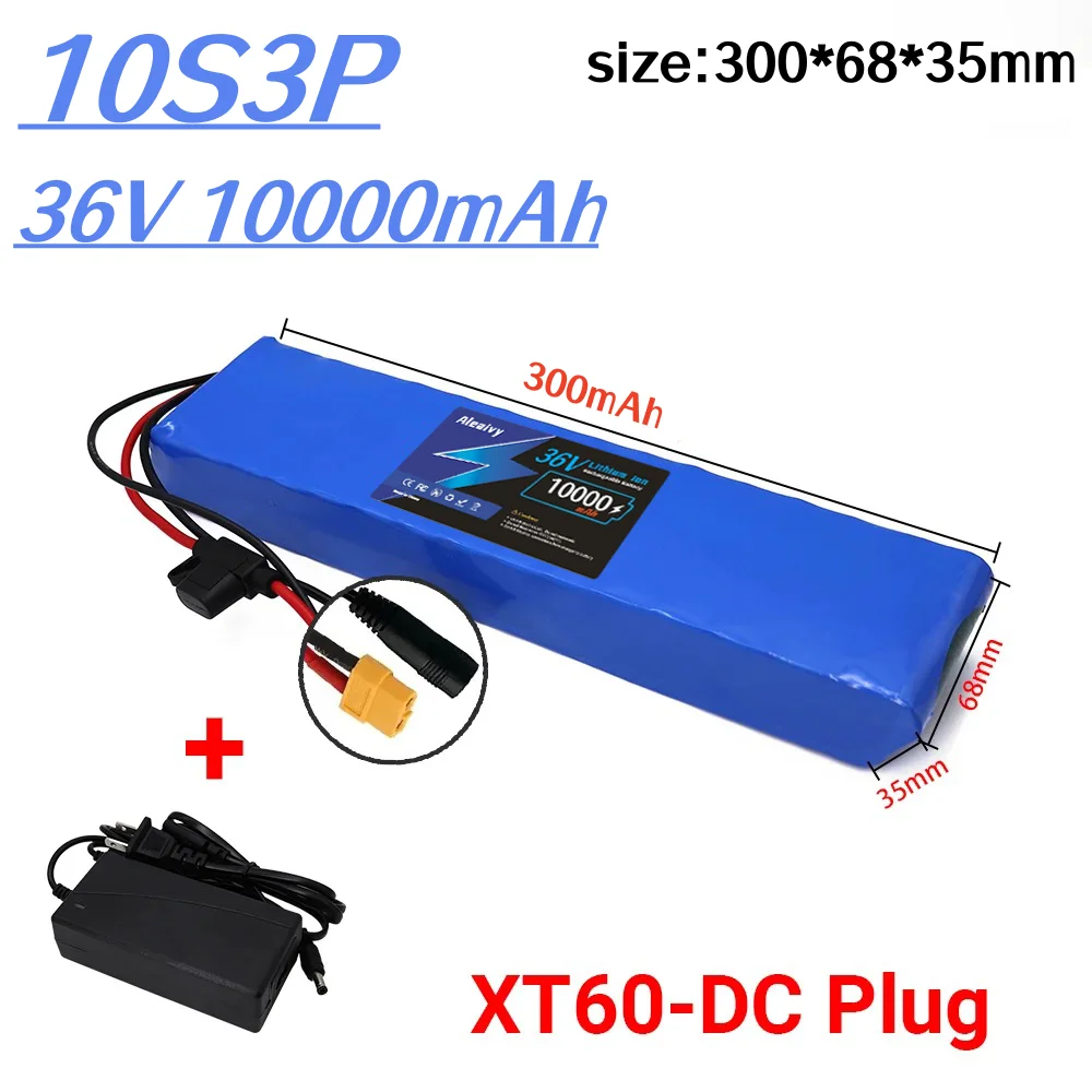 10S3P 36V 10000mAh 18650 Lithium Ion Rechargeable Battery Pack with 15A BMS Fuse Holder and 42V DC Charger. 
10S3P 36V 10000mAh 18650 Lithium Ion Rechargeable Battery Pack with 15A BMS Fuse Holder and 42V DC Charger.