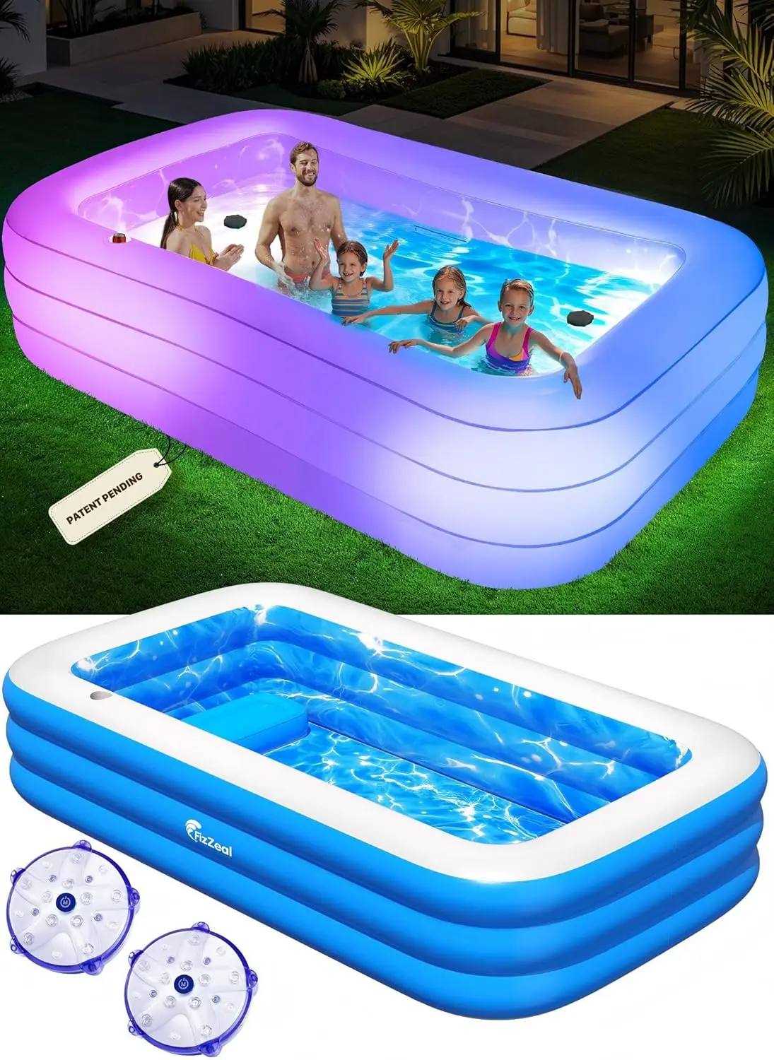 Inflatable Pool with Lights and Seats, 110" x 63" x 20" Large Family Pool for Adults & Kids, Backyard Outdoor Fun
Inflatable Pool with Lights and Seats, 110" x 63" x 20" Large Family Pool for Adults & Kids, Backyard Outdoor Fun