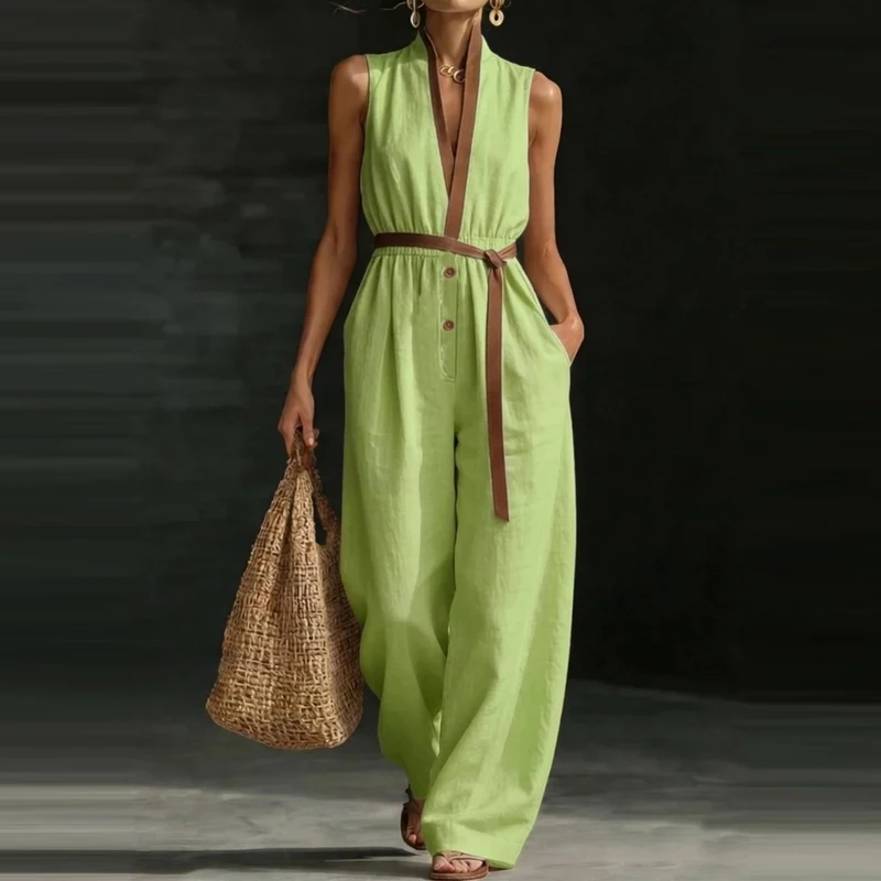 Elegant V-neck Button Solid Rompers Women Casual Sleeveless Elastic Waist Party Playsuits Fashion Button Pocket Loose Jumpsuits
Elegant V-neck Button Solid Rompers Women Casual Sleeveless Elastic Waist Party Playsuits Fashion Button Pocket Loose Jumpsuits