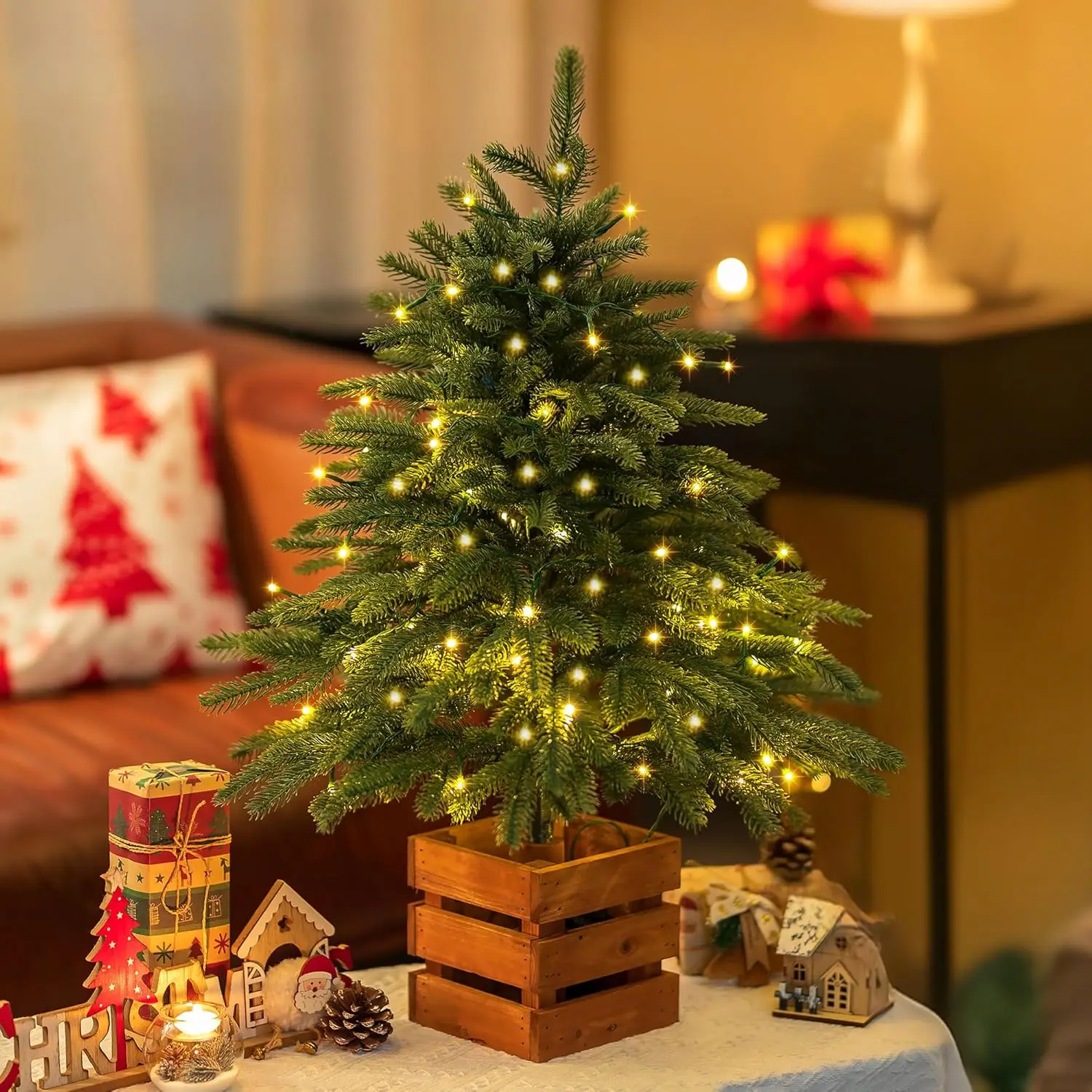 2.6ft Christmas Norfolk Pine Tree with Lights, Remote Control 70 LEDs, 8 Modes, Timer, Wooden Pot - Mini Artificial Xmas Tree fo
2.6ft Christmas Norfolk Pine Tree with Lights, Remote Control 70 LEDs, 8 Modes, Timer, Wooden Pot - Mini Artificial Xmas Tree fo