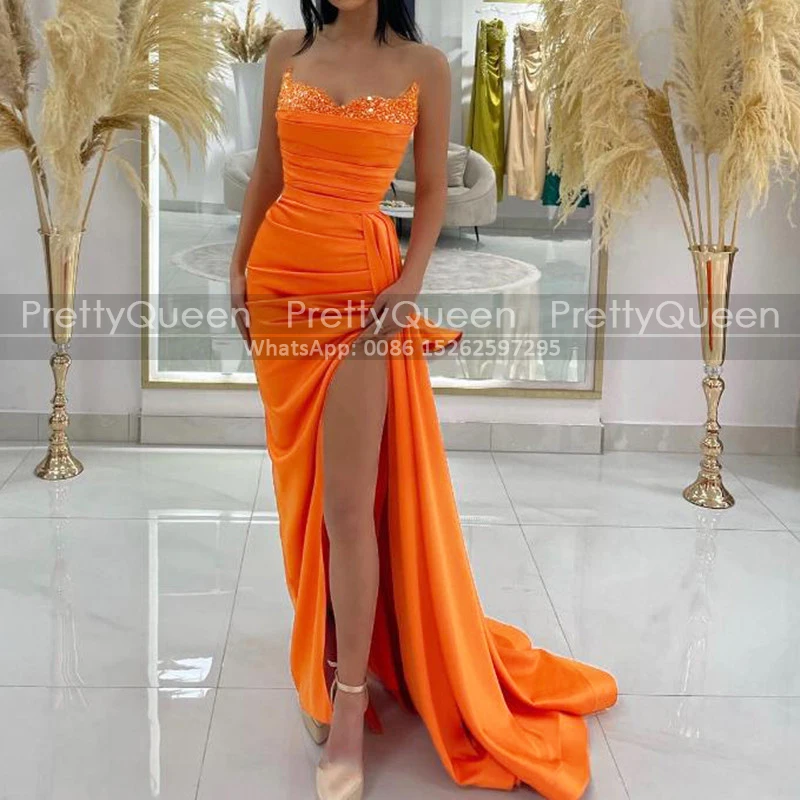 Customized Sequins Mermaid Prom Dresses Waistline Cap High Split Strapless Orange Long Pleat Sheath Evening Dress Party
Customized Sequins Mermaid Prom Dresses Waistline Cap High Split Strapless Orange Long Pleat Sheath Evening Dress Party