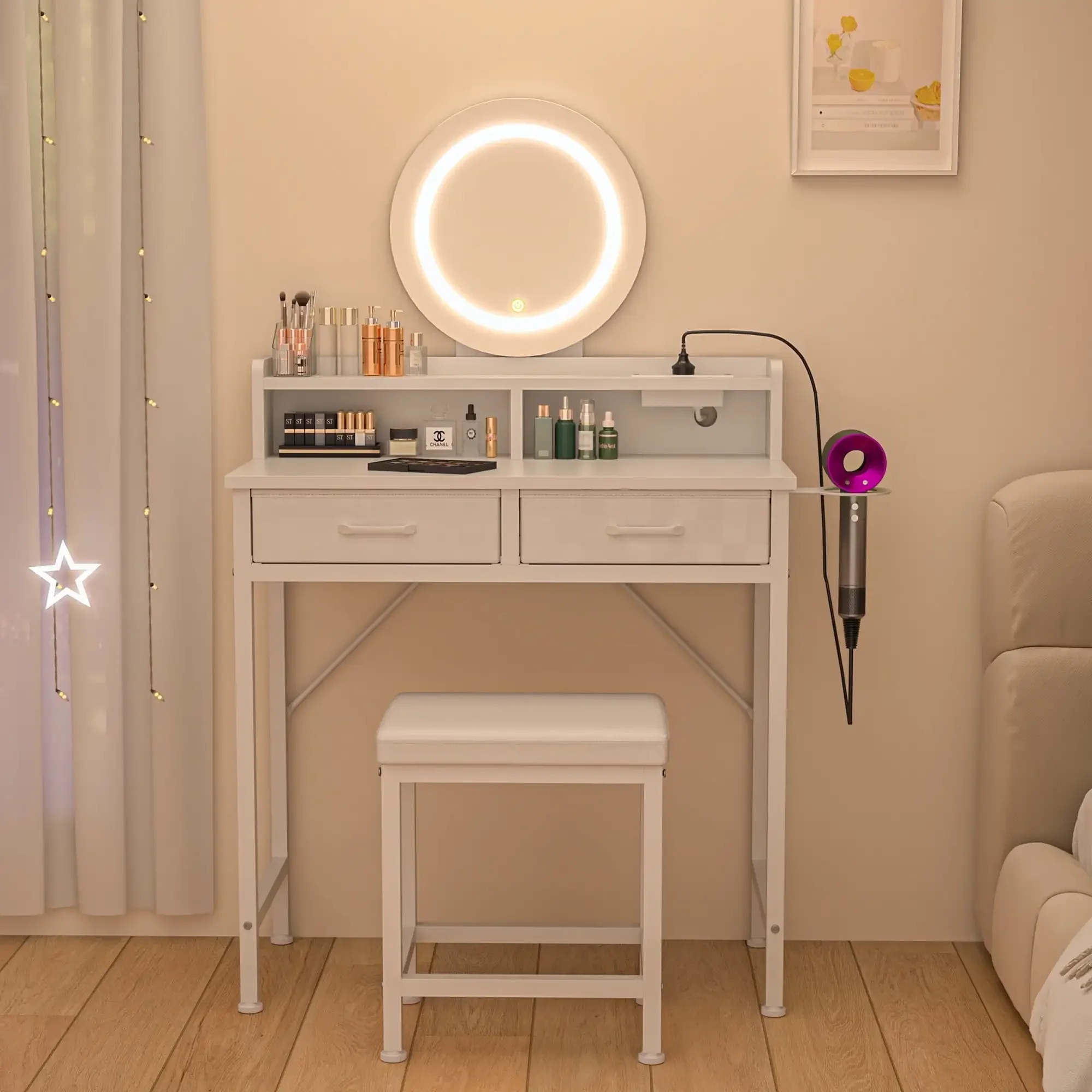 Vanity Desk with Mirror,Fabric Drawers,USB Port & Stool,3 Color Modes & Adjustable Brightness, White
Vanity Desk with Mirror,Fabric Drawers,USB Port & Stool,3 Color Modes & Adjustable Brightness, White