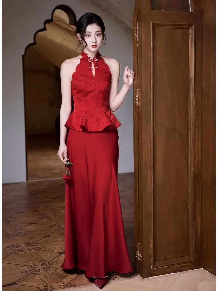 Elegant Chinese Style Wedding Dress Two-Piece Set Neck Hanging Luxury Bride-to-be Ceremony Dress Long Evening Gown
Elegant Chinese Style Wedding Dress Two-Piece Set Neck Hanging Luxury Bride-to-be Ceremony Dress Long Evening Gown