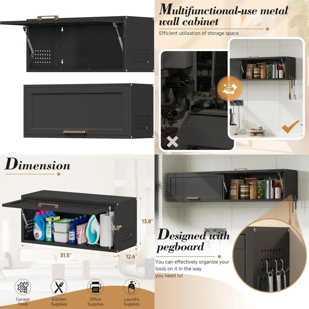 Black Wall-Mounted Metal Cabinet with Door and Pegboard for Laundry, Kitchen, and Storage in Home and Garage
Black Wall-Mounted Metal Cabinet with Door and Pegboard for Laundry, Kitchen, and Storage in Home and Garage