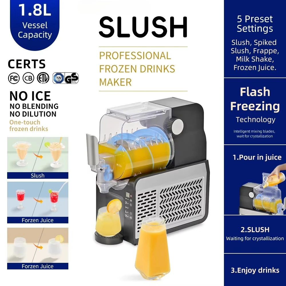 1.8L Custom Handle Slushly Machine Granita Cocktail Fizzy Frozen Drink Margarita Slush Machine with Stainless Steel Flow Spout
1.8L Custom Handle Slushly Machine Granita Cocktail Fizzy Frozen Drink Margarita Slush Machine with Stainless Steel Flow Spout