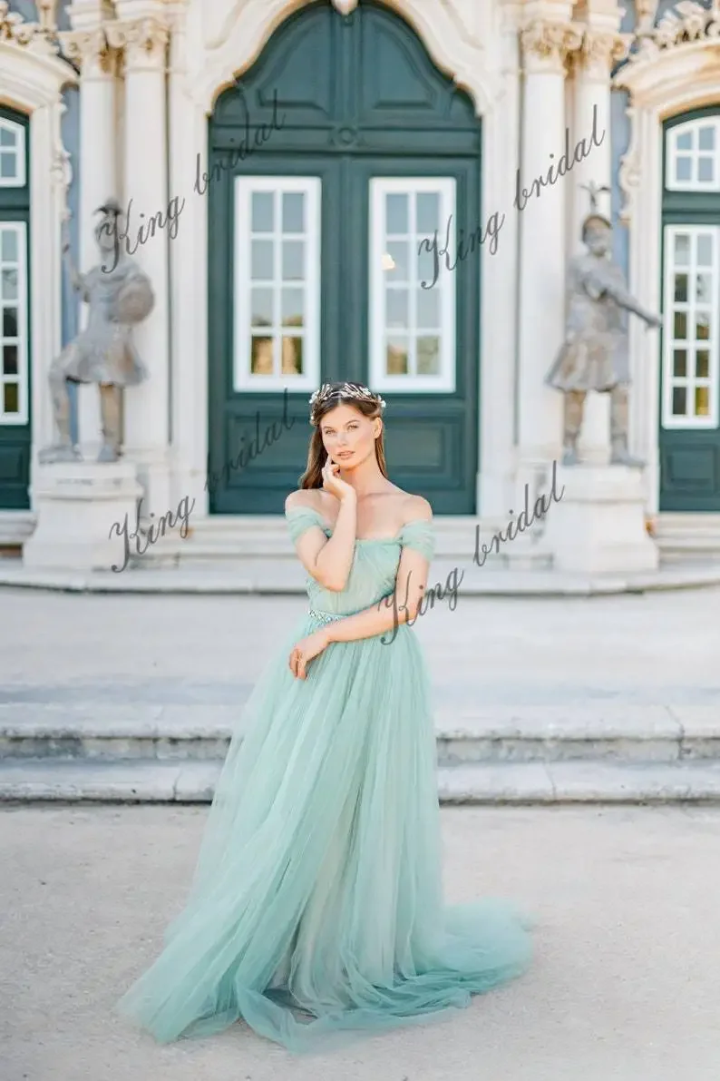 Tulle Evening Ball Gown with Draped Corset Wedding Dress Backless Wedding Dress Off-shoulder Bridal Gown Pastel Mint Full
Tulle Evening Ball Gown with Draped Corset Wedding Dress Backless Wedding Dress Off-shoulder Bridal Gown Pastel Mint Full