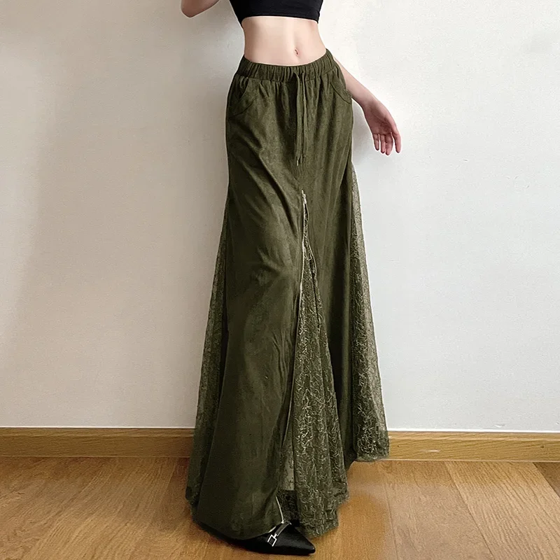 Women Vintage Suede Nap Lace Patchwork Hem Zip Long Skirt Chic Drawstring Pocket A-line Skirts Lady Streetwear
Women Vintage Suede Nap Lace Patchwork Hem Zip Long Skirt Chic Drawstring Pocket A-line Skirts Lady Streetwear
