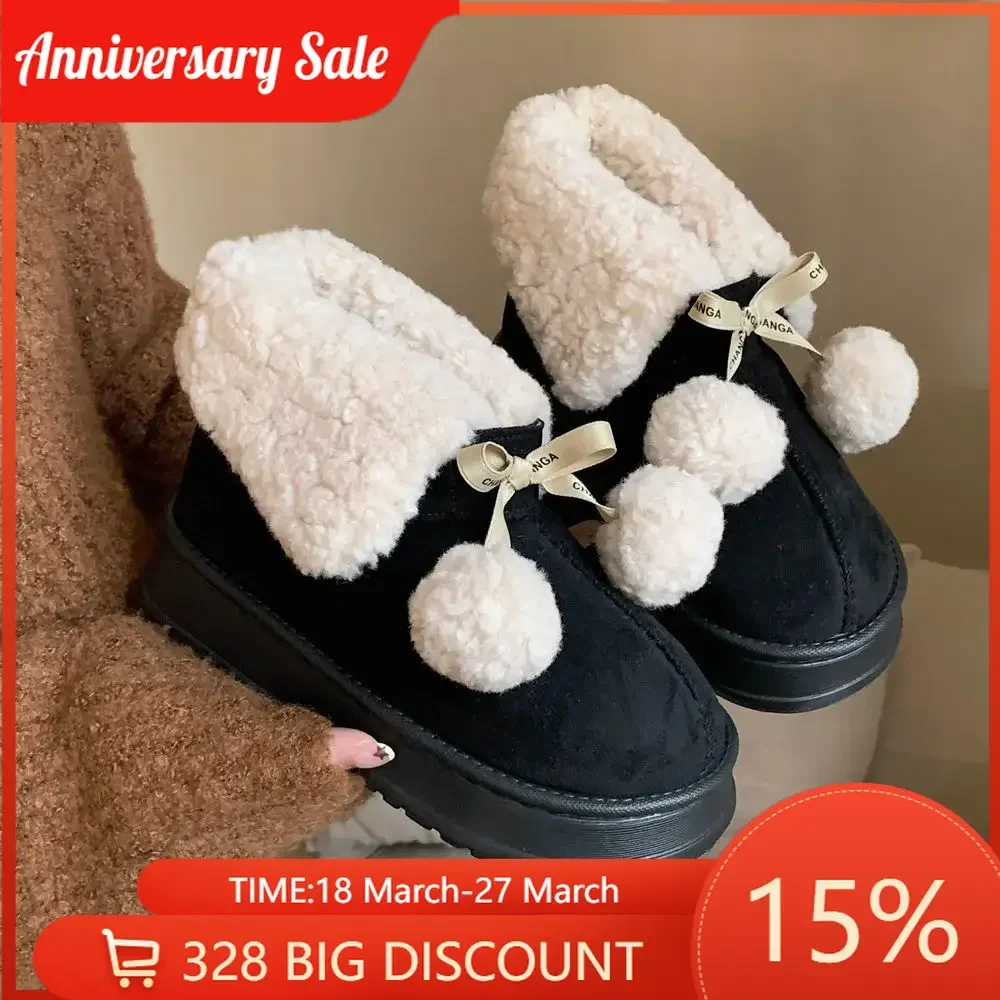 Sweet Cute Bowknot Velvet Snow Boots Small Hanging Balls Winter Flip Cotton Shoes Women Fleece Soft Warm
Sweet Cute Bowknot Velvet Snow Boots Small Hanging Balls Winter Flip Cotton Shoes Women Fleece Soft Warm