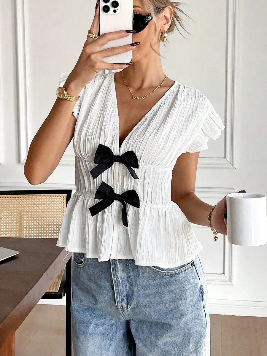Summer Women's Blouse Solid Color White Crinkled Blouses V Neck Ruffle Sleeve Elegant Shirt Bow Detail Peplum Waist Crop Top
Summer Women's Blouse Solid Color White Crinkled Blouses V Neck Ruffle Sleeve Elegant Shirt Bow Detail Peplum Waist Crop Top