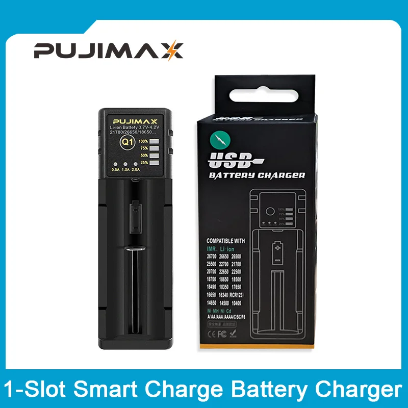PUJIMAX18650 1-Slot Smart Charge Battery With Charging Cable For 18650 26650 21700 18350 3.7V 4.2V Rechargeable Li-ion Battery
PUJIMAX18650 1-Slot Smart Charge Battery With Charging Cable For 18650 26650 21700 18350 3.7V 4.2V Rechargeable Li-ion Battery