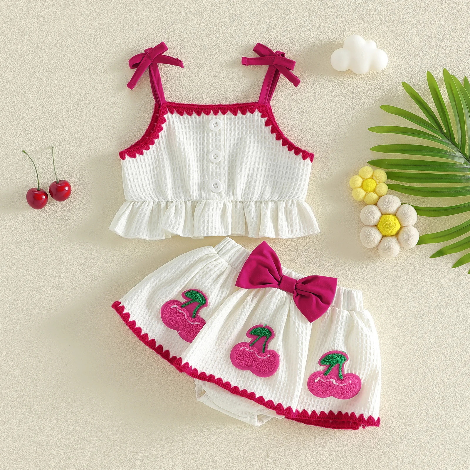 Sweet Baby Girl Summer Outfit Contrast Trim Ruffled Hem Cami Tops Cherry Applique Bow Skorts 2 Piece Girls Set
Sweet Baby Girl Summer Outfit Contrast Trim Ruffled Hem Cami Tops Cherry Applique Bow Skorts 2 Piece Girls Set