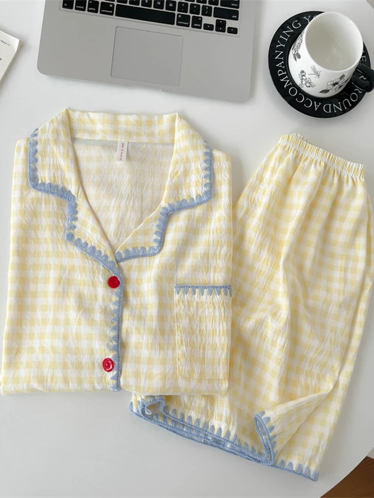 Korean Style Yellow Plaid Sleepwear Short Sleeve Thin Home Clothes Set for Women Summer Sweet Student Home Clothes
Korean Style Yellow Plaid Sleepwear Short Sleeve Thin Home Clothes Set for Women Summer Sweet Student Home Clothes