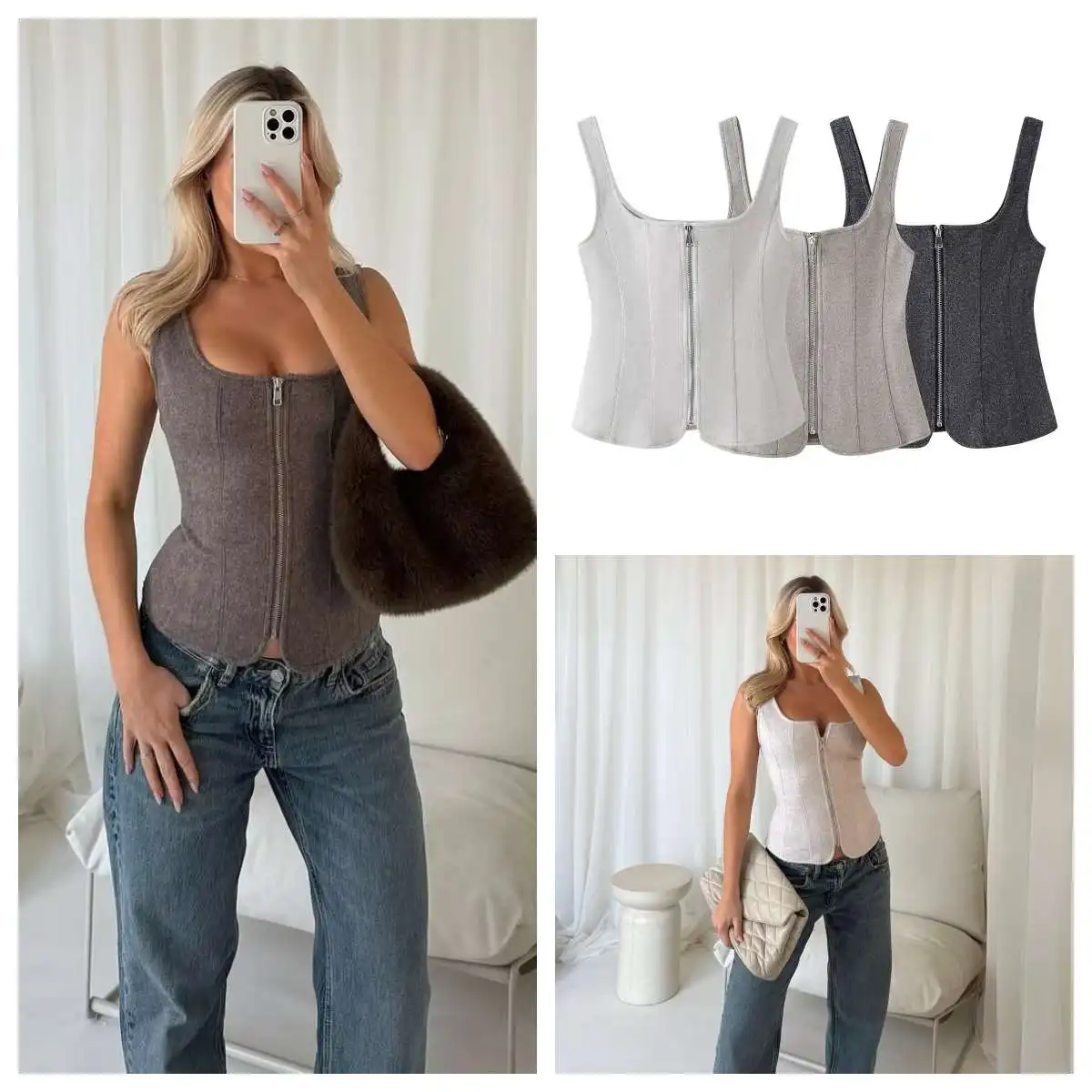 European and American style spring and summer new wide shoulder strap zipper temperament slim vest top
European and American style spring and summer new wide shoulder strap zipper temperament slim vest top