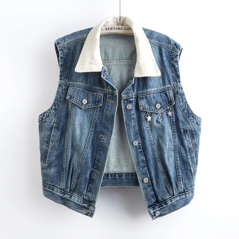 Fashion Contrast Color Lapel Patchwork Short Denim Jacket Summer Women Casual Single-Breasted Sleeveless Blue Cowboy Waistcoat
Fashion Contrast Color Lapel Patchwork Short Denim Jacket Summer Women Casual Single-Breasted Sleeveless Blue Cowboy Waistcoat