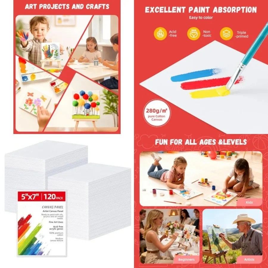 5x7 inch 120 Pack Small Painting Canvas Boards- Gesso Primed Acid-Free 100% Cotton Canvas Panels for Acrylics Oil Watercolor Tempera Paints
5x7 inch 120 Pack Small Painting Canvas Boards- Gesso Primed Acid-Free 100% Cotton Canvas Panels for Acrylics Oil Watercolor Tempera Paints