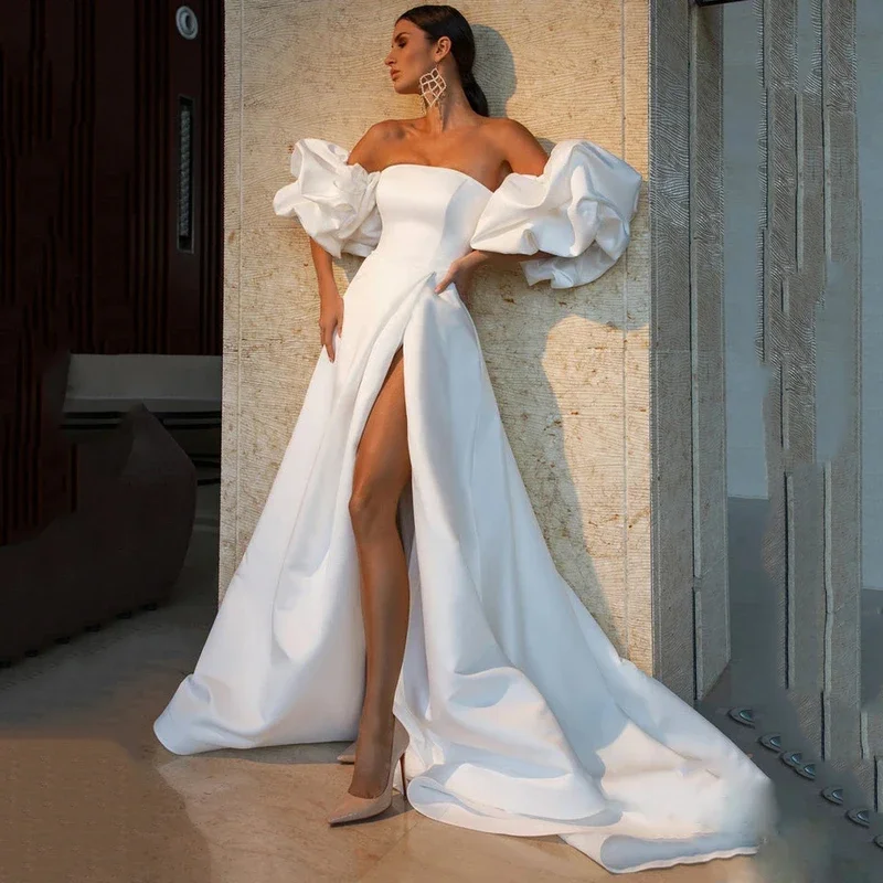 Customized Sexy High Slit Satin Wedding Dresses with Detacbable Sleeves Strapless Bridal Dress Court Train Couture Mariage
Customized Sexy High Slit Satin Wedding Dresses with Detacbable Sleeves Strapless Bridal Dress Court Train Couture Mariage