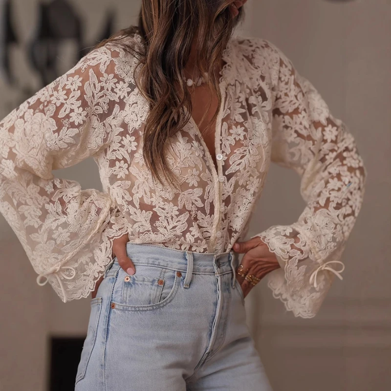 2026 Spring New Large V-neck Translucent Lace Embroidered Long Sleeve Short Shirt for Women
2026 Spring New Large V-neck Translucent Lace Embroidered Long Sleeve Short Shirt for Women
