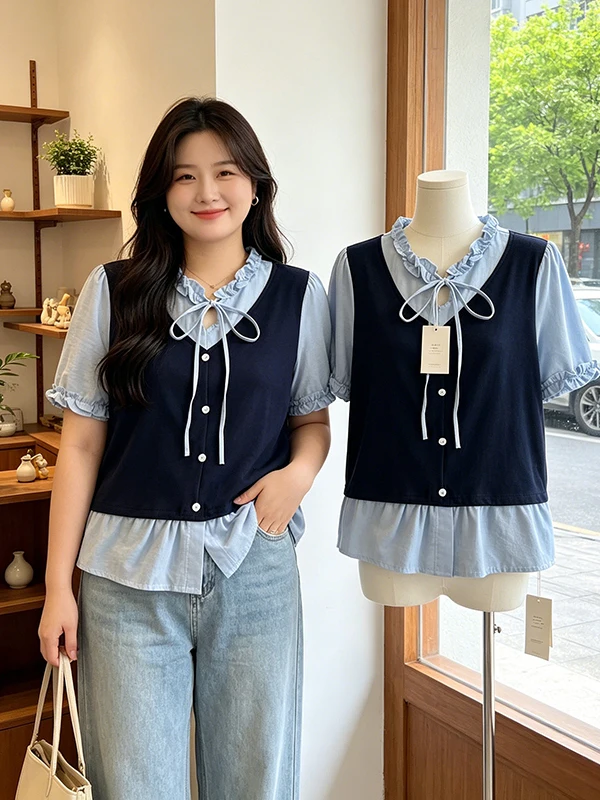 plus Size Women's Shirt Concealed Belly Wood Grain V-neck Belted Fake Two-Piece Summer Fashion 2026 Korean Style
plus Size Women's Shirt Concealed Belly Wood Grain V-neck Belted Fake Two-Piece Summer Fashion 2026 Korean Style
