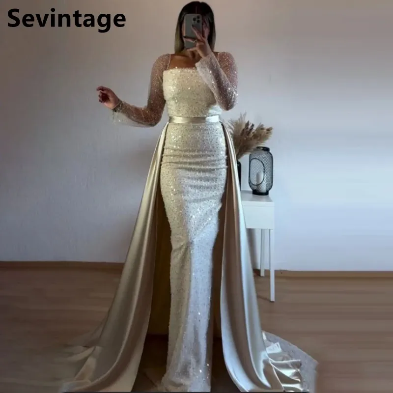 Sevintage 2025 Champagne Long Sleeve Sequins Removable Skirt Evening Dress Custom Made Prom Gown Wedding Party Dress Vestidos
Sevintage 2025 Champagne Long Sleeve Sequins Removable Skirt Evening Dress Custom Made Prom Gown Wedding Party Dress Vestidos