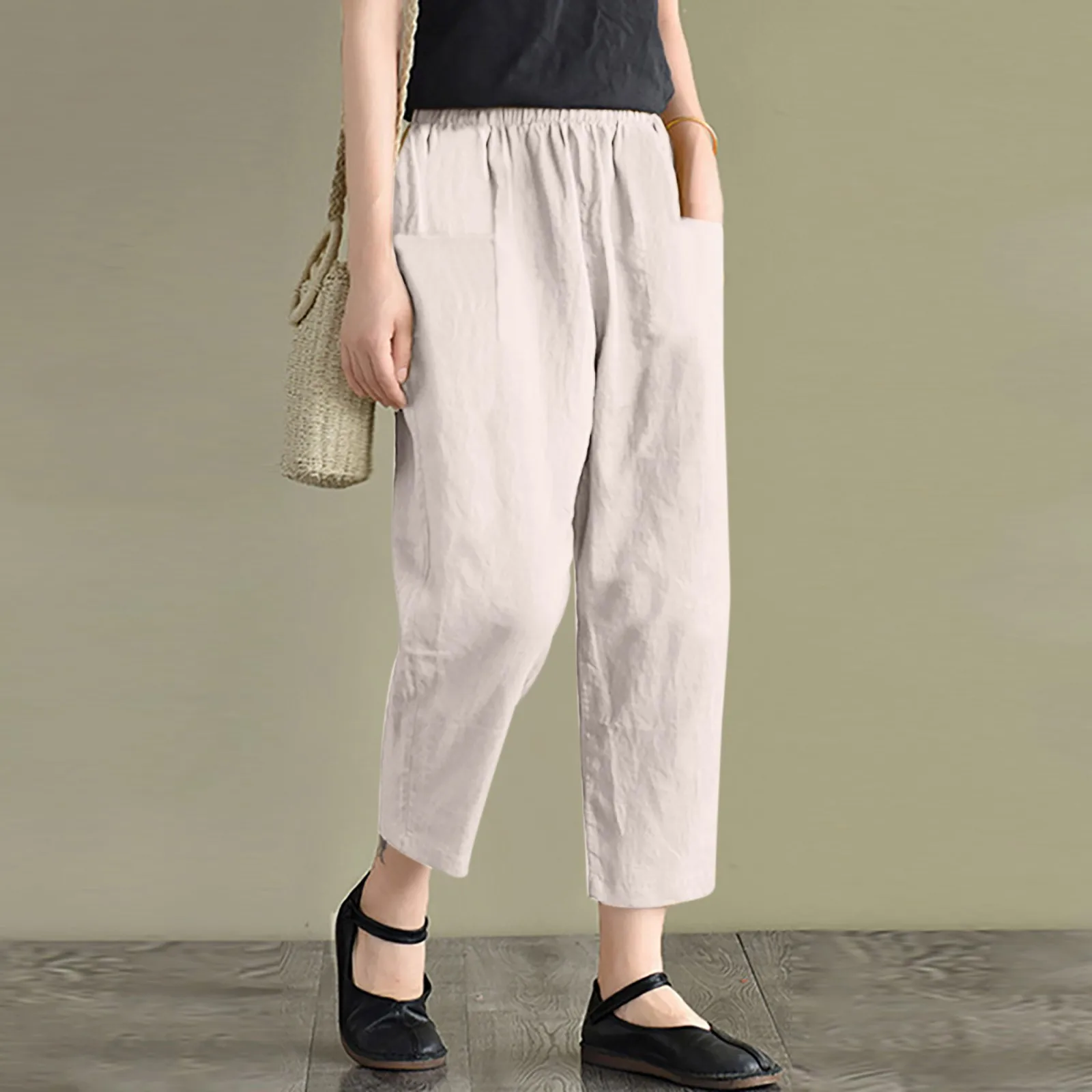 Loose Solid Color Cotton And Linen Pants Women Lace Up Elastic Waist With Pockets Vintage Trousers Elegant Summer Straight Pants
Loose Solid Color Cotton And Linen Pants Women Lace Up Elastic Waist With Pockets Vintage Trousers Elegant Summer Straight Pants