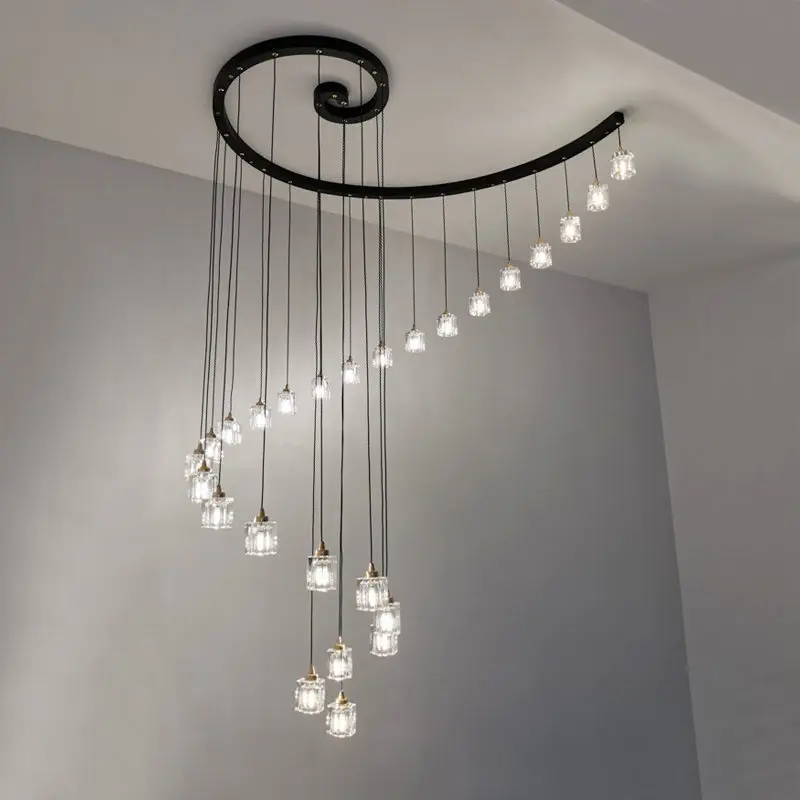 Duplex building overhanging empty living room headlights, postmodern minimalist and luxurious villa long line crystal lights
Duplex building overhanging empty living room headlights, postmodern minimalist and luxurious villa long line crystal lights
