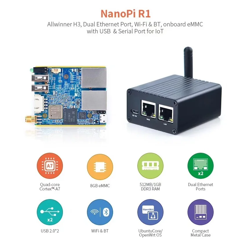 NanoPi R1 (1G DDR RAM/8G eMMC) Combo, AllwinnerH3 Quad Cortex-A7,1.2GHz,Wifi&BT,USB2.0,OpenWRT,Ubuntu Linux Armbian
NanoPi R1 (1G DDR RAM/8G eMMC) Combo, AllwinnerH3 Quad Cortex-A7,1.2GHz,Wifi&BT,USB2.0,OpenWRT,Ubuntu Linux Armbian