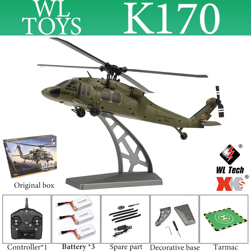 Wltoys K170 UH-60L 2.4G 4CH 6-Axis Gyro Brushless Motor Military Green RC Helicopter RTF And XK K170
Wltoys K170 UH-60L 2.4G 4CH 6-Axis Gyro Brushless Motor Military Green RC Helicopter RTF And XK K170