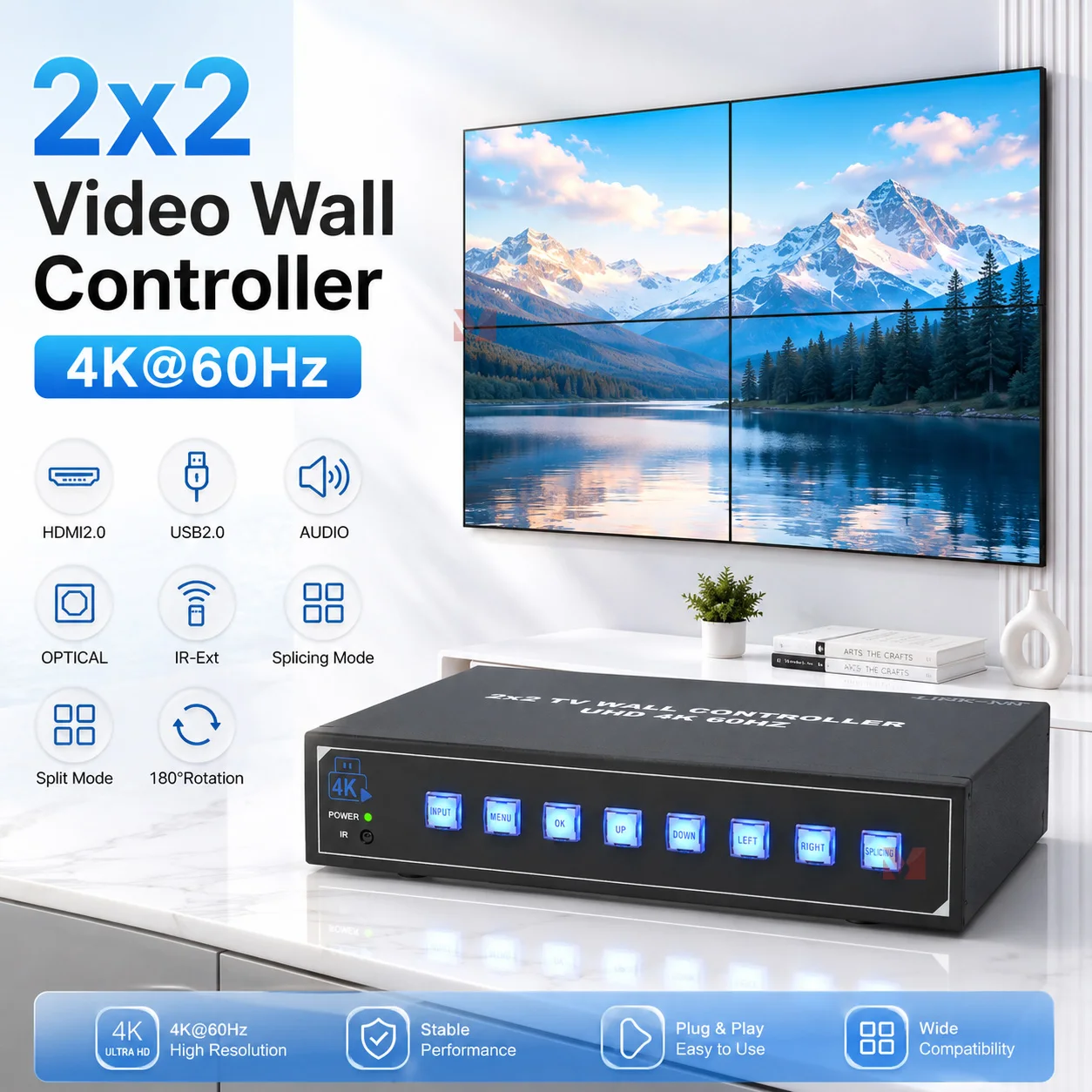 4K60Hz 2x2 Video Wall Controller HDMI 2.0 USB 2.0 for Electronics Video Wall Controllers