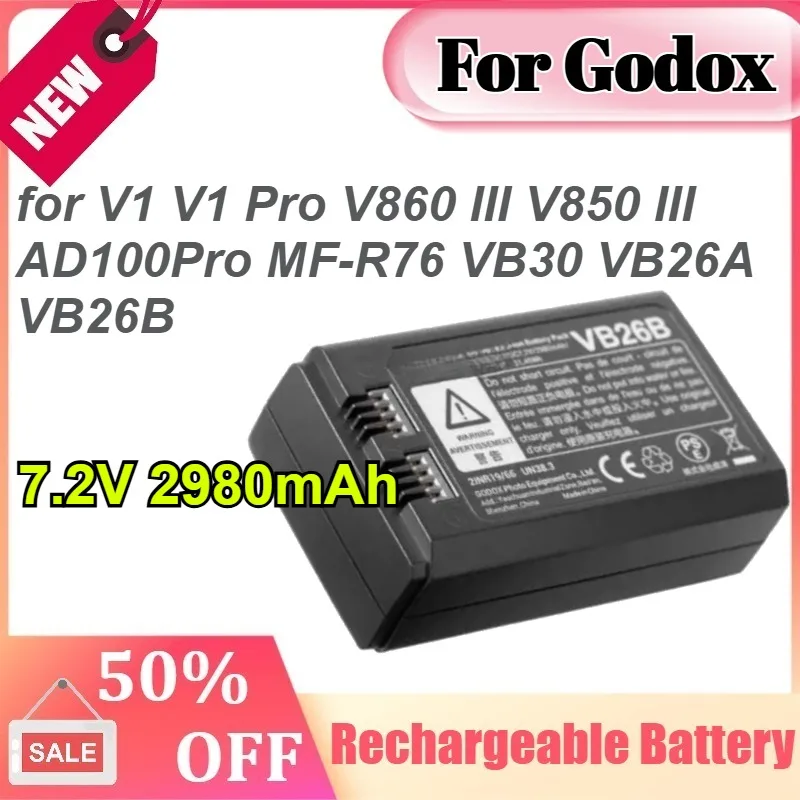 For Godox 7.2V 2980mAh for V1 V1 Pro V860 III V850 III AD100Pro MF-R76 VB30 VB26A VB26B Rechargeable Flash Strobe Battery
For Godox 7.2V 2980mAh for V1 V1 Pro V860 III V850 III AD100Pro MF-R76 VB30 VB26A VB26B Rechargeable Flash Strobe Battery